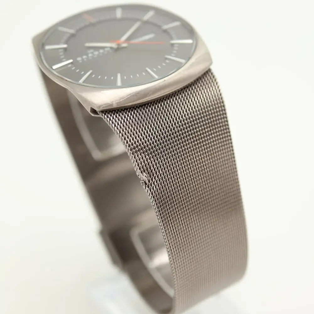 Skagen Denmark Mens 40mm Titanium Day Date Watch Mesh Bracelet w New Battery